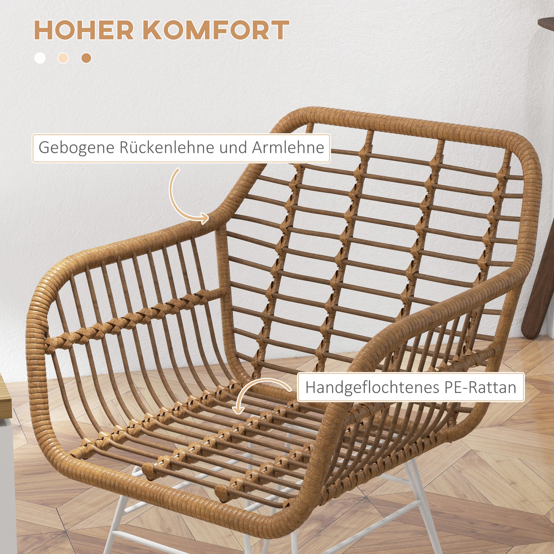 Dining Chairs Set of 2 Kitchen Chair with Backrest, Synthetic Rattan Look, Armchair with Foot Cushion, Living Room Chair, Chairs with Steel Legs for Dining Table, Light Brown+White