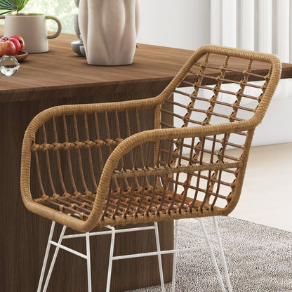 Dining Chairs Set of 2 Kitchen Chair with Backrest, Synthetic Rattan Look, Armchair with Foot Cushion, Living Room Chair, Chairs with Steel Legs for Dining Table, Light Brown+White