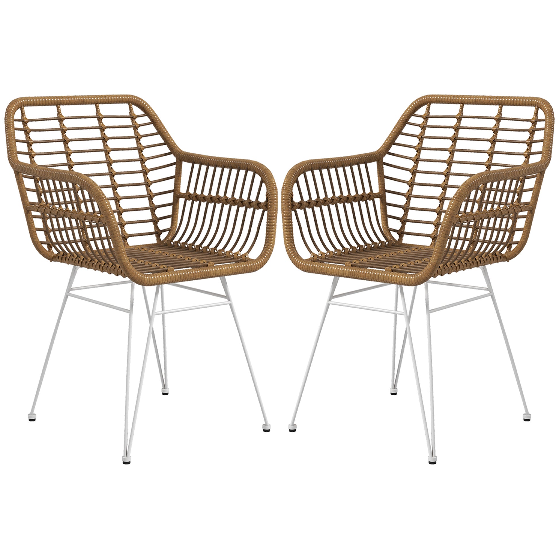 Dining Chairs Set of 2 Kitchen Chair with Backrest, Synthetic Rattan Look, Armchair with Foot Cushion, Living Room Chair, Chairs with Steel Legs for Dining Table, Light Brown+White