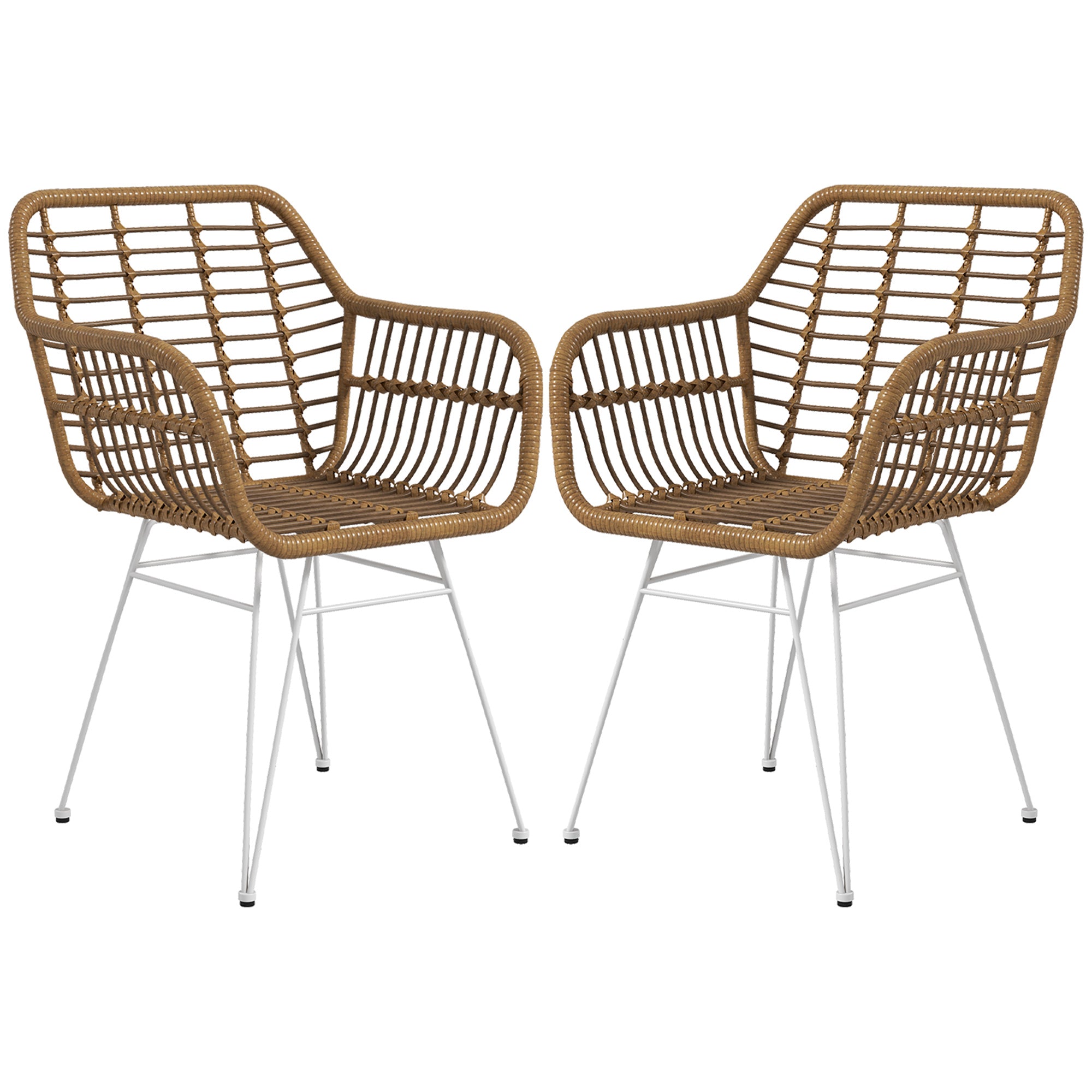 Dining Chairs Set of 2 Kitchen Chair with Backrest, Synthetic Rattan Look, Armchair with Foot Cushion, Living Room Chair, Chairs with Steel Legs for Dining Table, Light Brown+White
