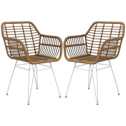 Dining Chairs Set of 2 Kitchen Chair with Backrest, Synthetic Rattan Look, Armchair with Foot Cushion, Living Room Chair, Chairs with Steel Legs for Dining Table, Light Brown+White