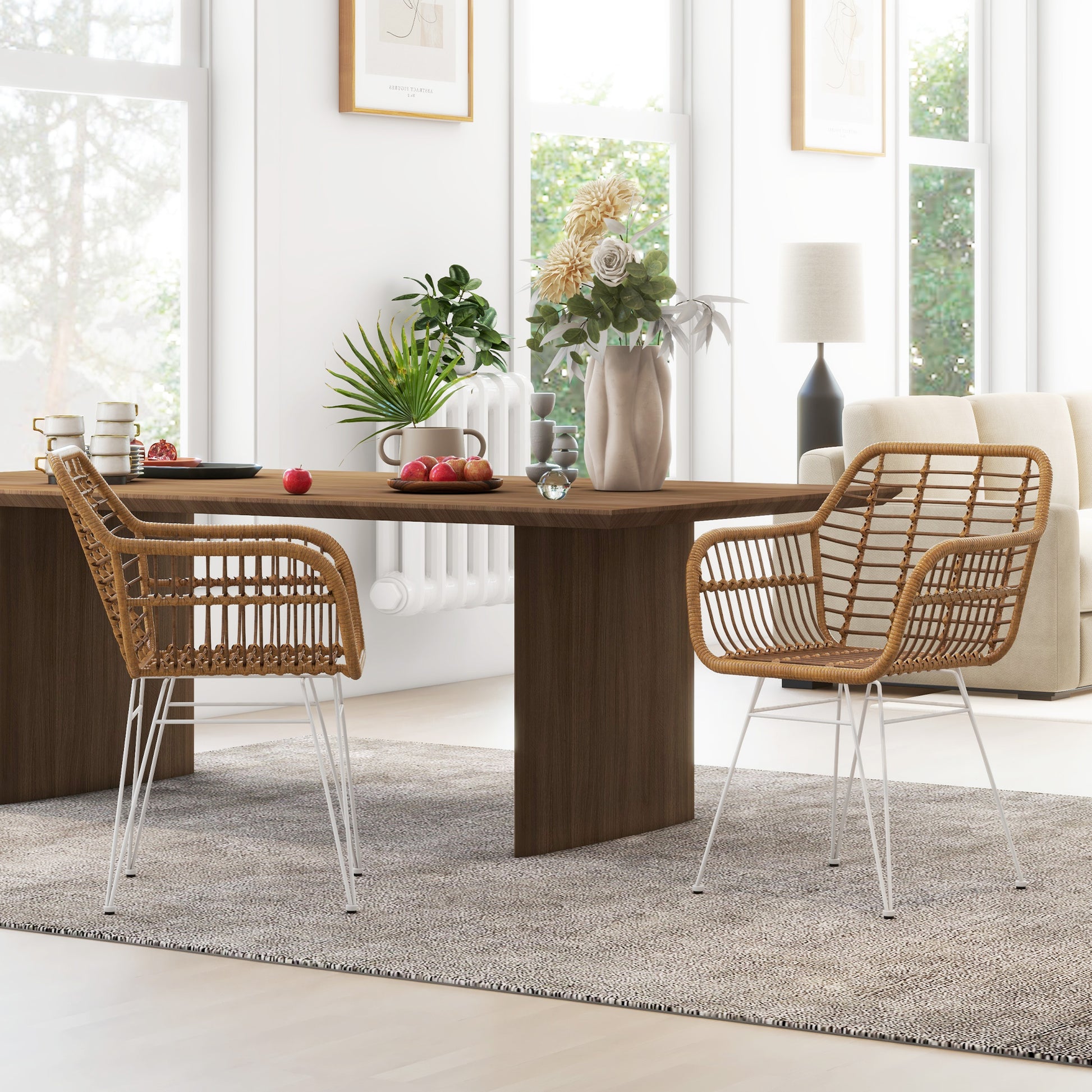 Dining Chairs Set of 2 Kitchen Chair with Backrest, Synthetic Rattan Look, Armchair with Foot Cushion, Living Room Chair, Chairs with Steel Legs for Dining Table, Light Brown+White