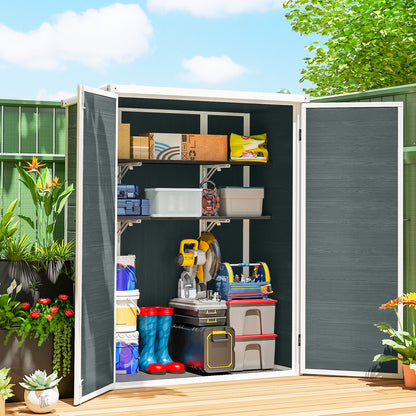 Outdoor Garden Shed, 0.81 m² (8.7 sq ft) — 134 x 68.5 x 170 cm (52.8" x 27.0" x 66.9"), Plastic Shed with Integrated Floor, 2 Folding Shelves, Double Doors with Lock, Gray Wood Effect