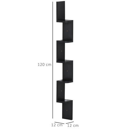 5-Tier Zigzag Wall-Mounted Corner Shelf Height 120 cm Black Wood