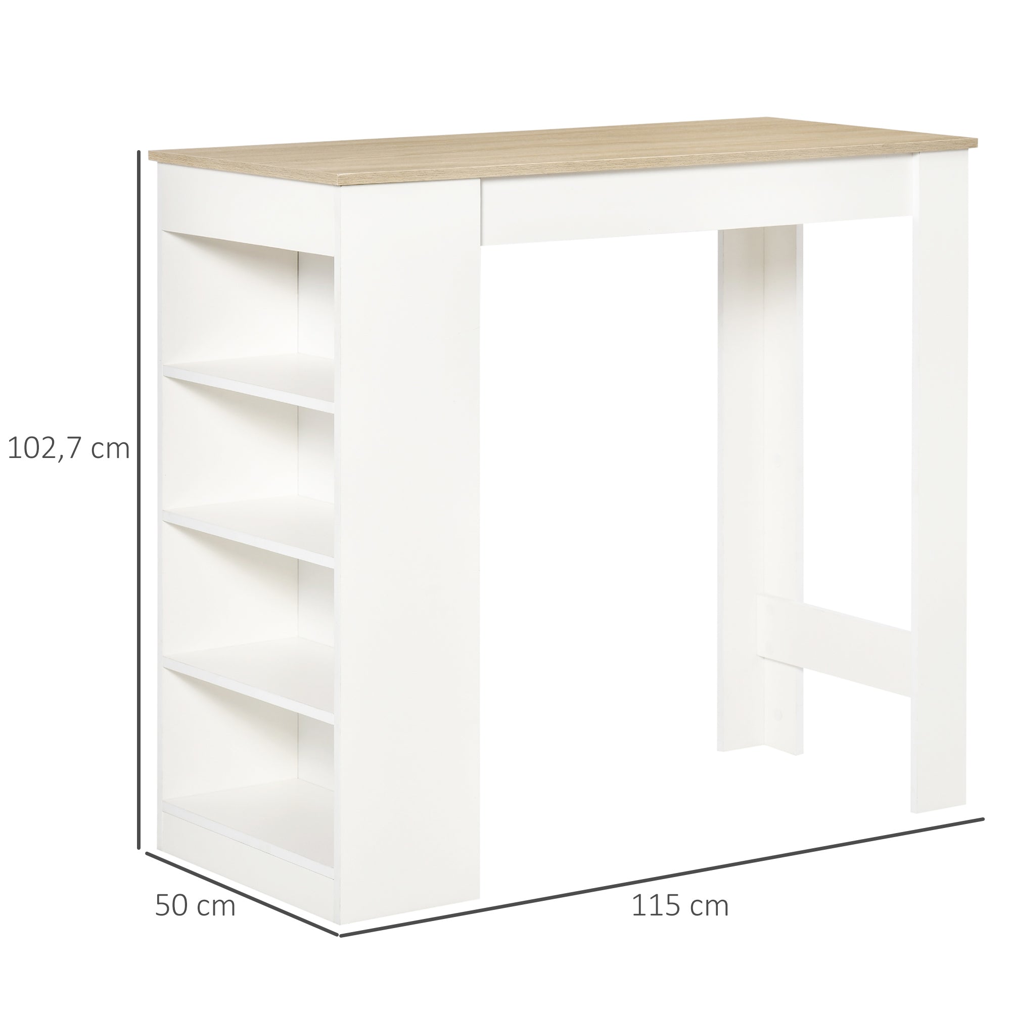 2-Person Bar Table, High Bistro Table with 4 Open Shelves for Small Spaces — Kitchen & Living Room, 45.3 x 19.7 x 40.4 in, Modern, White & Natural Wood