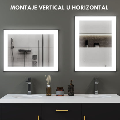 Bathroom Mirror with LED Light 80x60 cm Wall Mirror with 3 Light Colors Anti-fog Function Memory Function Touch Switch Horizontal/Vertical IP44