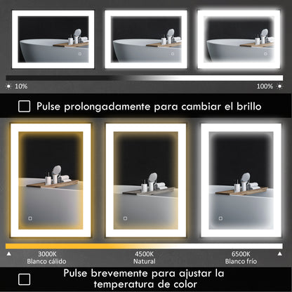 Bathroom Mirror with LED Light 80x60 cm Wall Mirror with 3 Light Colors Anti-fog Function Memory Function Touch Switch Horizontal/Vertical IP44