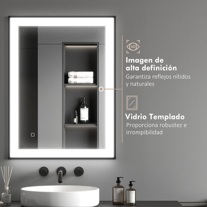 Bathroom Mirror with LED Light 80x60 cm Wall Mirror with 3 Light Colors Anti-fog Function Memory Function Touch Switch Horizontal/Vertical IP44