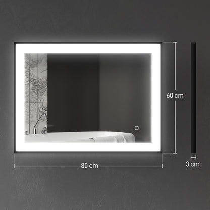 Bathroom Mirror with LED Light 80x60 cm Wall Mirror with 3 Light Colors Anti-fog Function Memory Function Touch Switch Horizontal/Vertical IP44