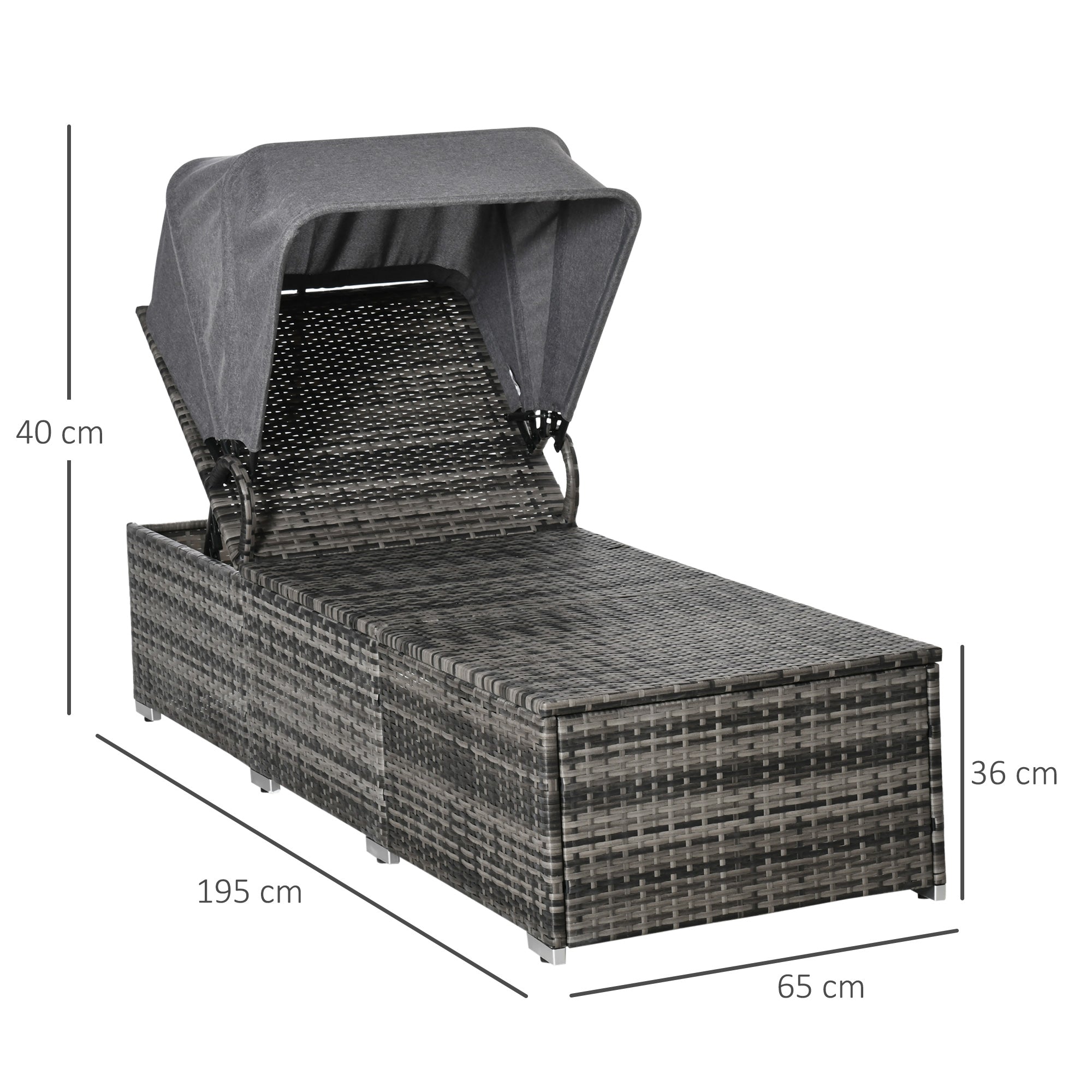 Sun Lounger made of Poly Rattan with Sun Canopy Garden Sun Lounger adjustable Rattan Sun Lounger Garden Furniture Recliner with Cushion Grey 195 x 65 x 40 cm