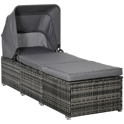 Sun Lounger made of Poly Rattan with Sun Canopy Garden Sun Lounger adjustable Rattan Sun Lounger Garden Furniture Recliner with Cushion Grey 195 x 65 x 40 cm