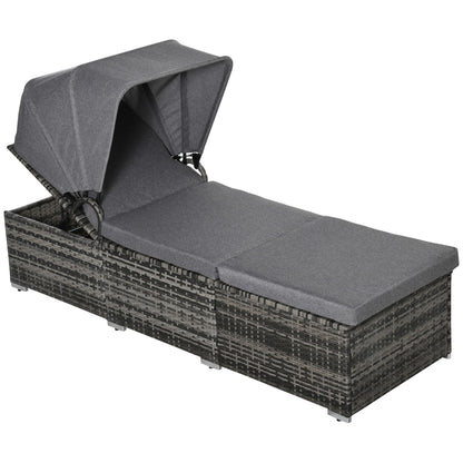 Sun Lounger made of Poly Rattan with Sun Canopy Garden Sun Lounger adjustable Rattan Sun Lounger Garden Furniture Recliner with Cushion Grey 195 x 65 x 40 cm