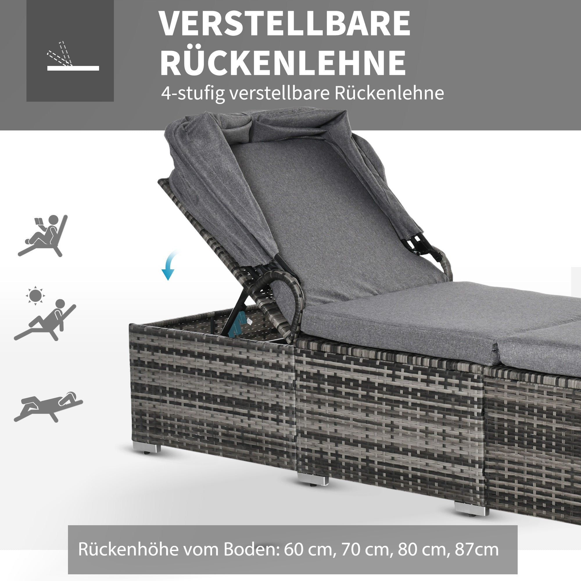 Sun Lounger made of Poly Rattan with Sun Canopy Garden Sun Lounger adjustable Rattan Sun Lounger Garden Furniture Recliner with Cushion Grey 195 x 65 x 40 cm