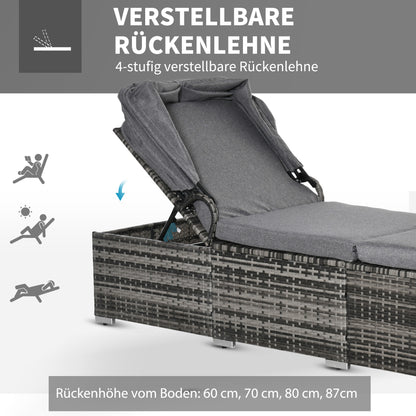 Sun Lounger made of Poly Rattan with Sun Canopy Garden Sun Lounger adjustable Rattan Sun Lounger Garden Furniture Recliner with Cushion Grey 195 x 65 x 40 cm