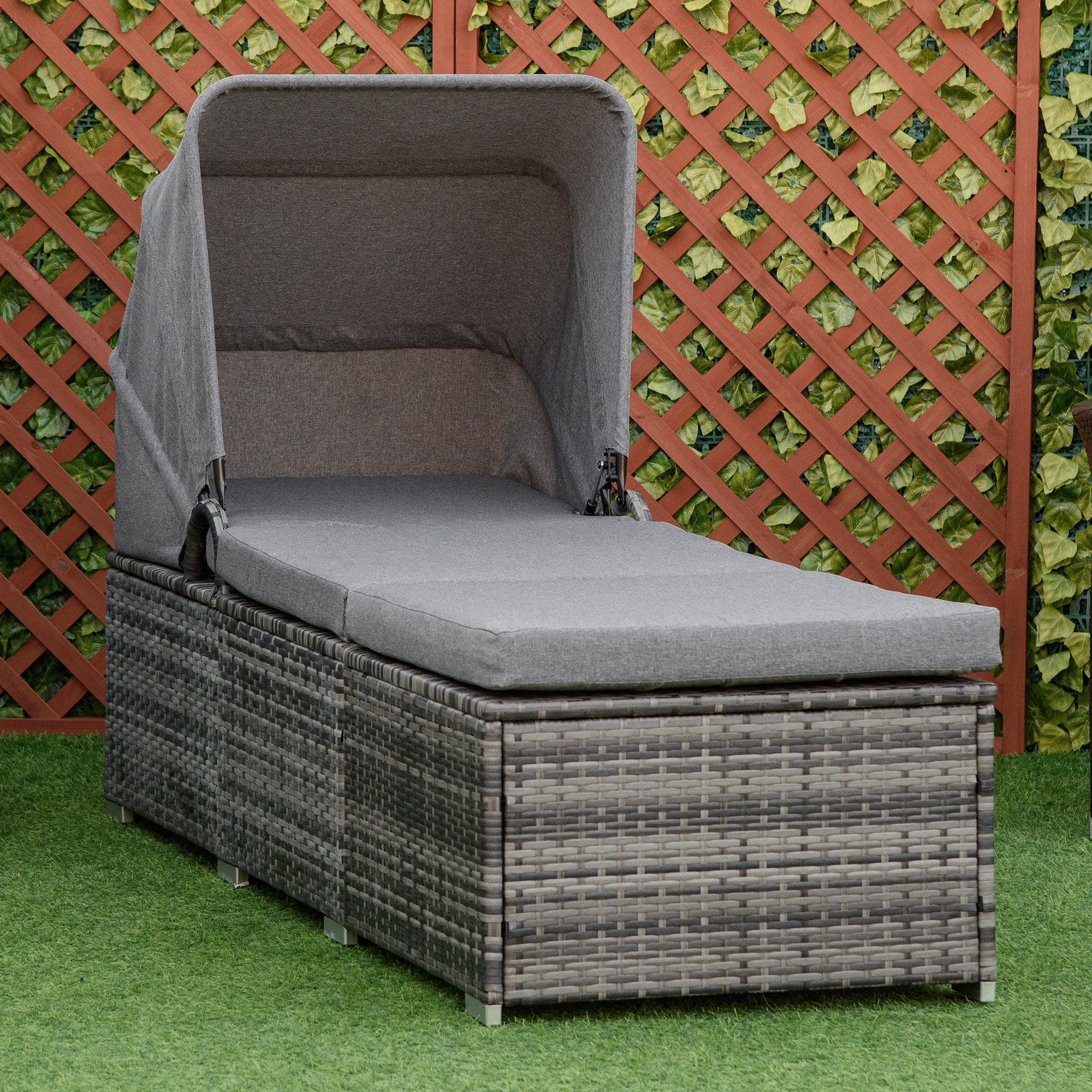 Sun Lounger made of Poly Rattan with Sun Canopy Garden Sun Lounger adjustable Rattan Sun Lounger Garden Furniture Recliner with Cushion Grey 195 x 65 x 40 cm