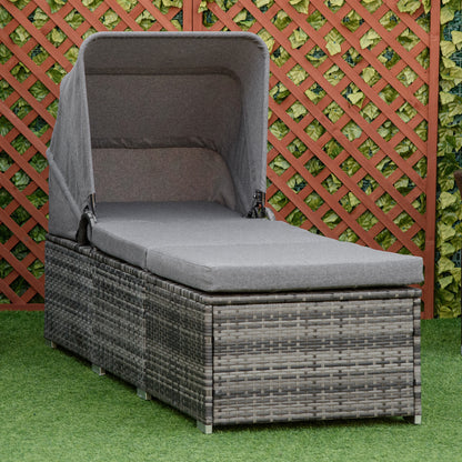 Sun Lounger made of Poly Rattan with Sun Canopy Garden Sun Lounger adjustable Rattan Sun Lounger Garden Furniture Recliner with Cushion Grey 195 x 65 x 40 cm