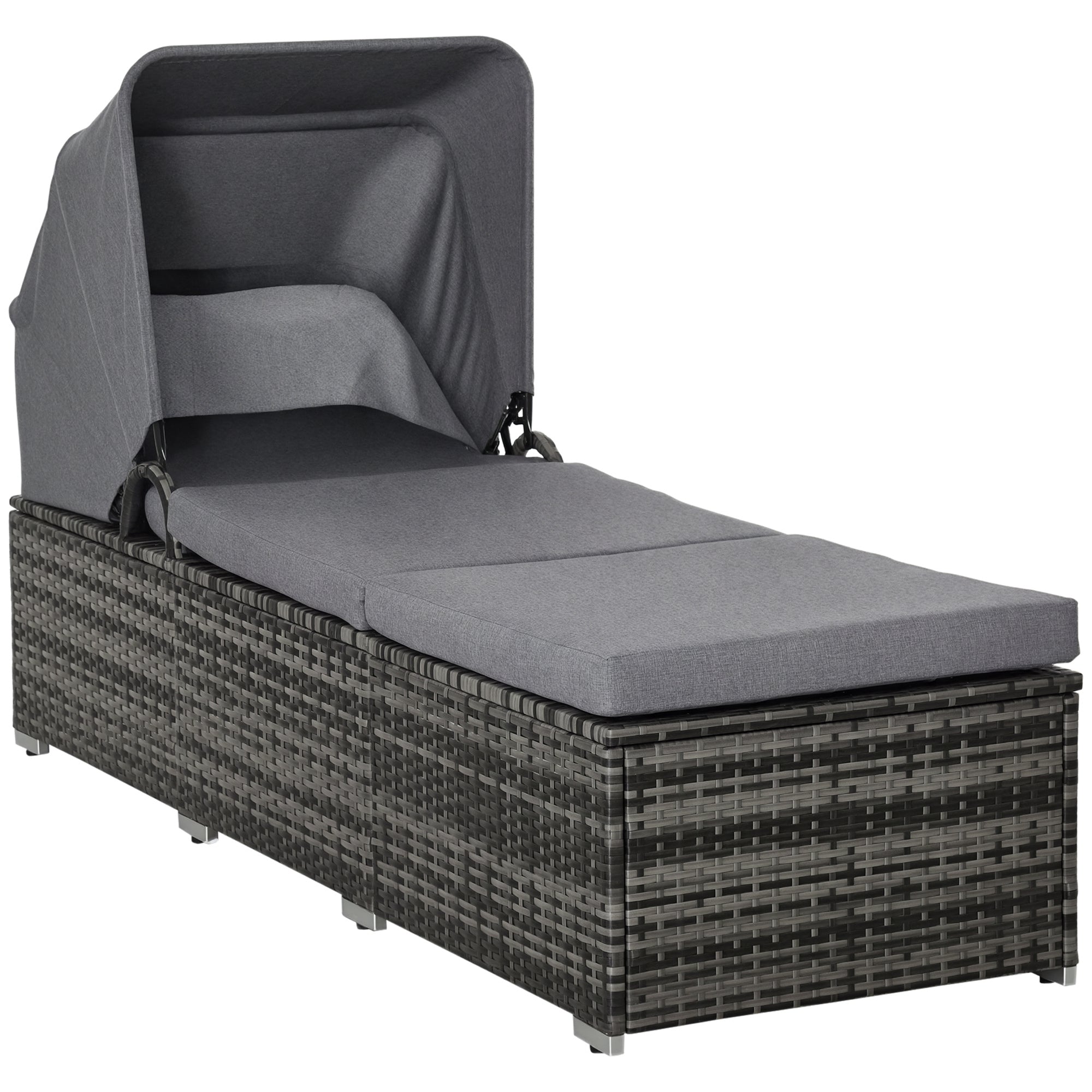 Sun Lounger made of Poly Rattan with Sun Canopy Garden Sun Lounger adjustable Rattan Sun Lounger Garden Furniture Recliner with Cushion Grey 195 x 65 x 40 cm