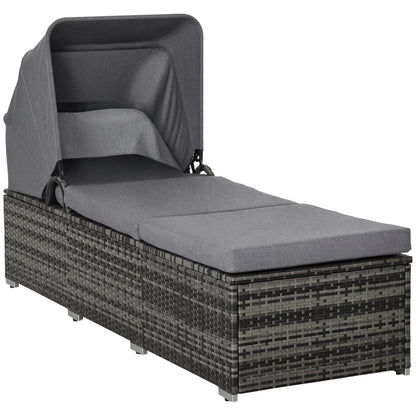 Sun Lounger made of Poly Rattan with Sun Canopy Garden Sun Lounger adjustable Rattan Sun Lounger Garden Furniture Recliner with Cushion Grey 195 x 65 x 40 cm