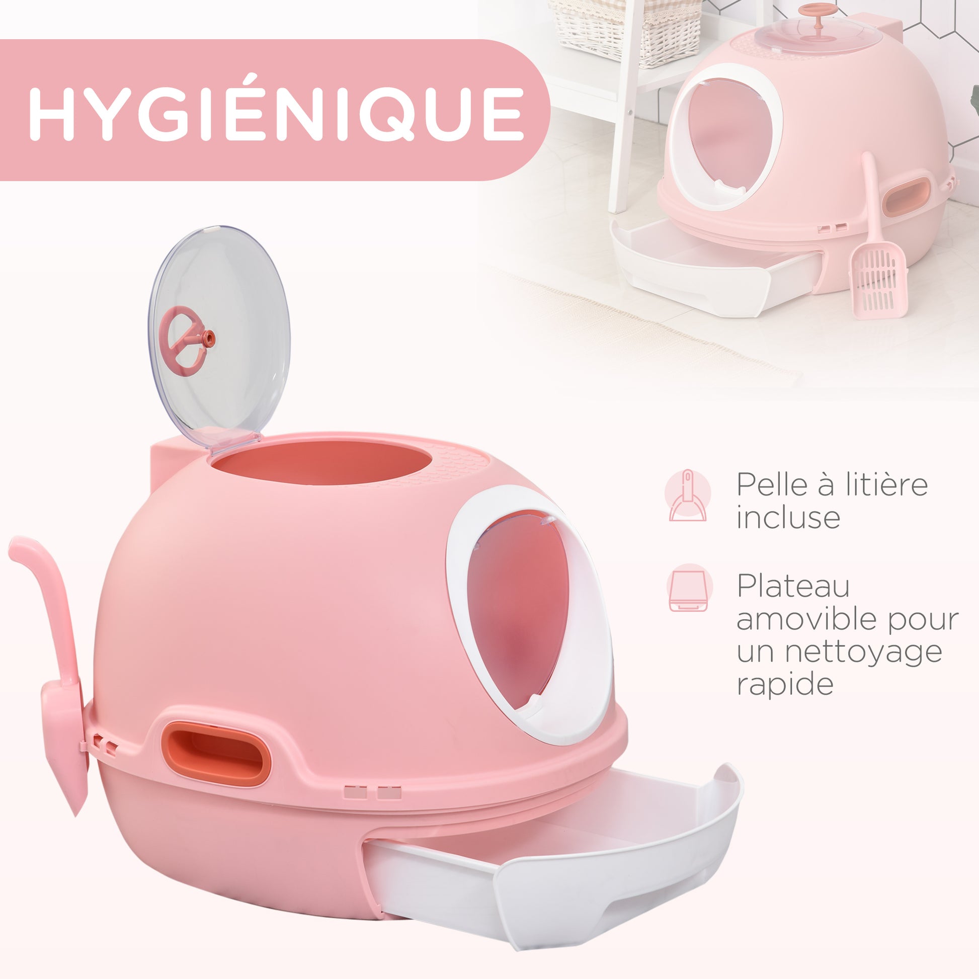 Cat Litter Box Portable Toilet House for Cat Sliding Litter Tray Swinging Door Window + Scoop Provided Dim. 47L x 55W x 44H cm Pink