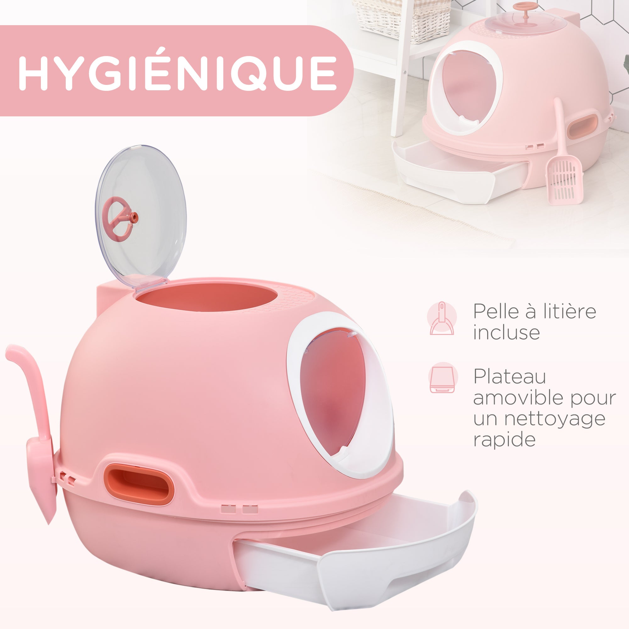 Cat Litter Box Portable Toilet House for Cat Sliding Litter Tray Swinging Door Window + Scoop Provided Dim. 47L x 55W x 44H cm Pink