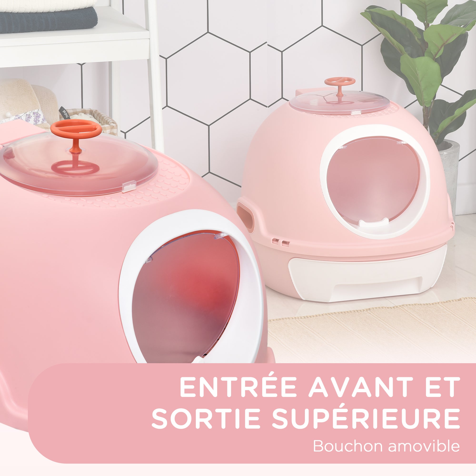 Cat Litter Box Portable Toilet House for Cat Sliding Litter Tray Swinging Door Window + Scoop Provided Dim. 47L x 55W x 44H cm Pink