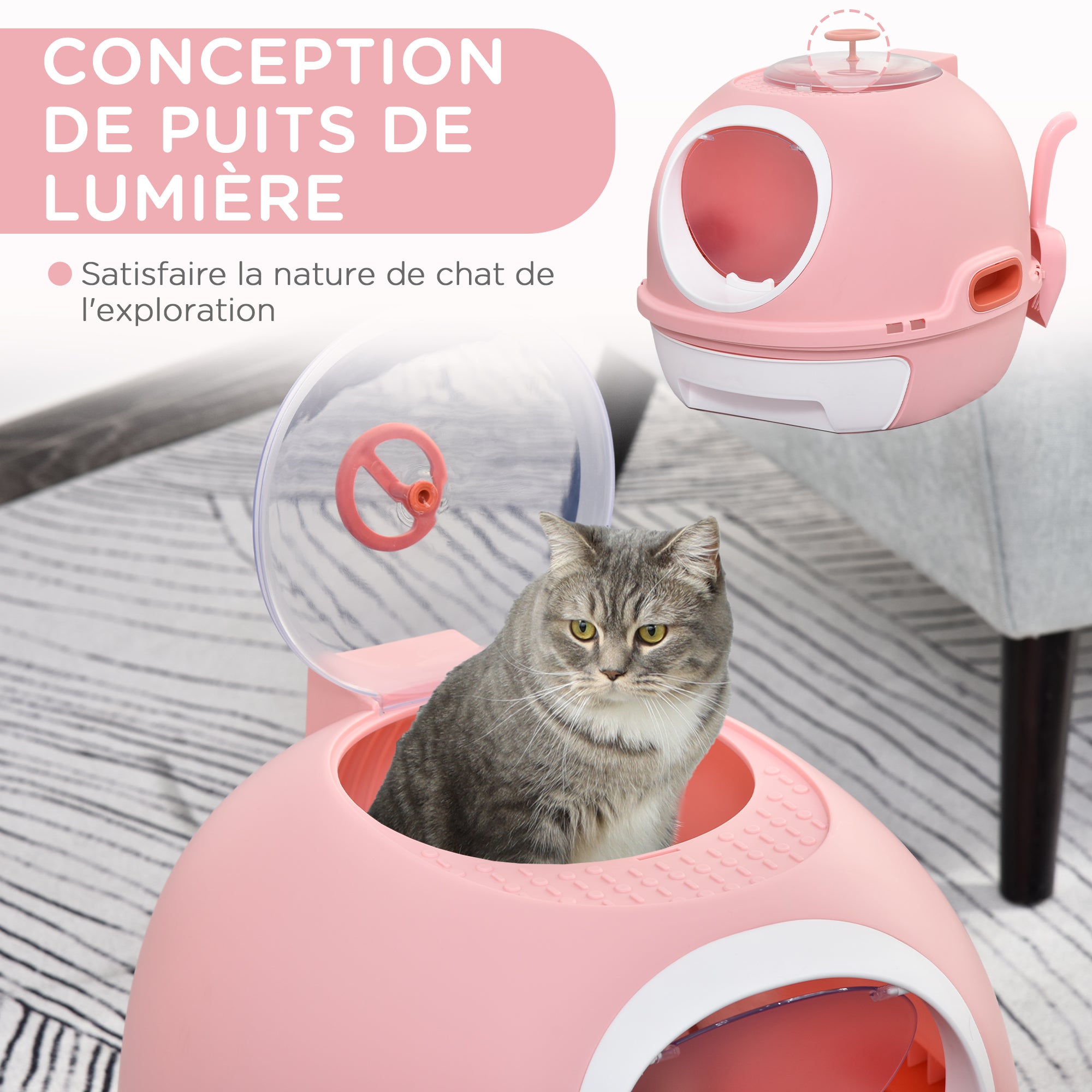 Cat Litter Box Portable Toilet House for Cat Sliding Litter Tray Swinging Door Window + Scoop Provided Dim. 47L x 55W x 44H cm Pink