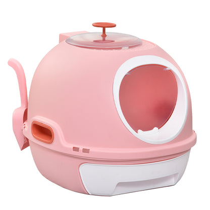 Cat Litter Box Portable Toilet House for Cat Sliding Litter Tray Swinging Door Window + Scoop Provided Dim. 47L x 55W x 44H cm Pink