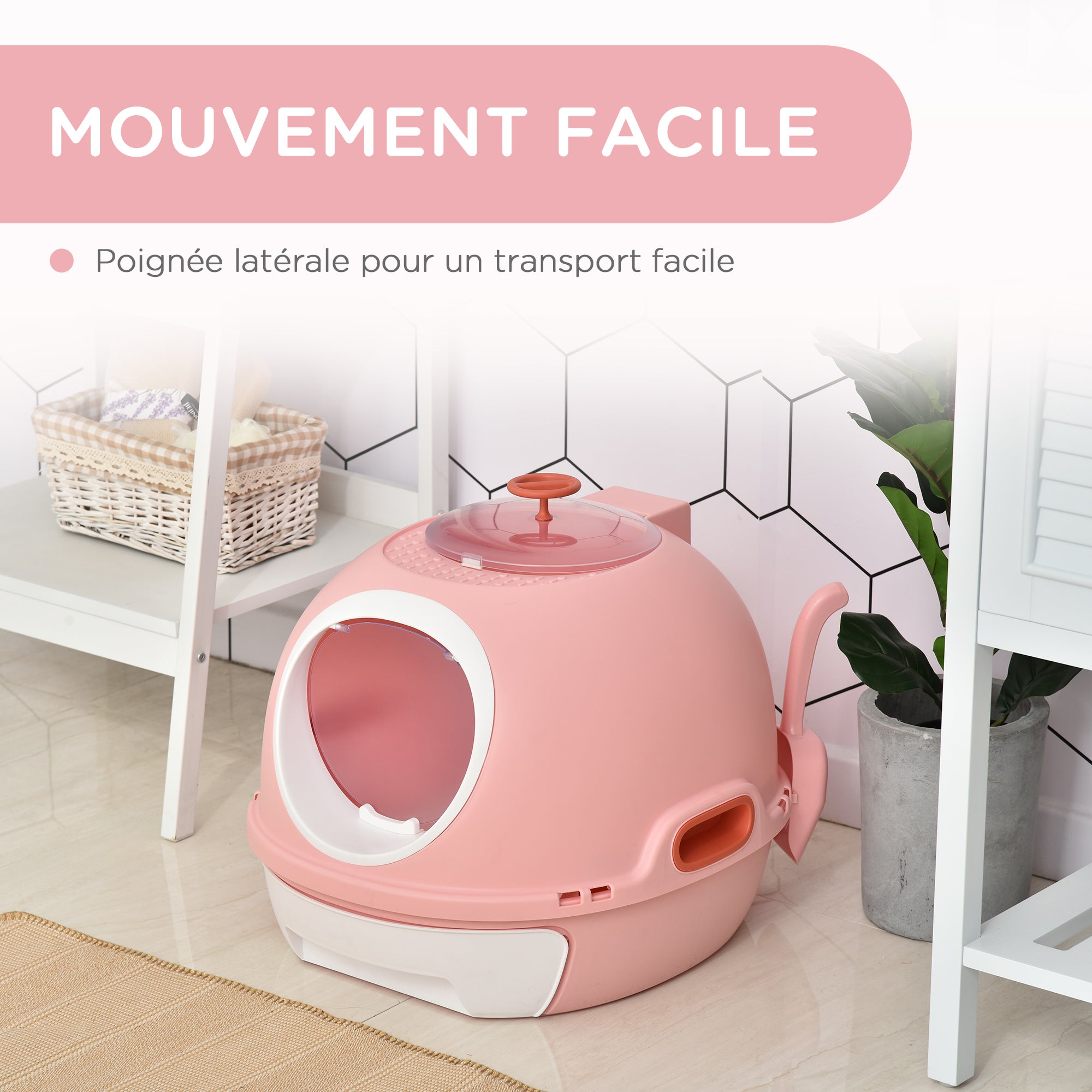 Cat Litter Box Portable Toilet House for Cat Sliding Litter Tray Swinging Door Window + Scoop Provided Dim. 47L x 55W x 44H cm Pink