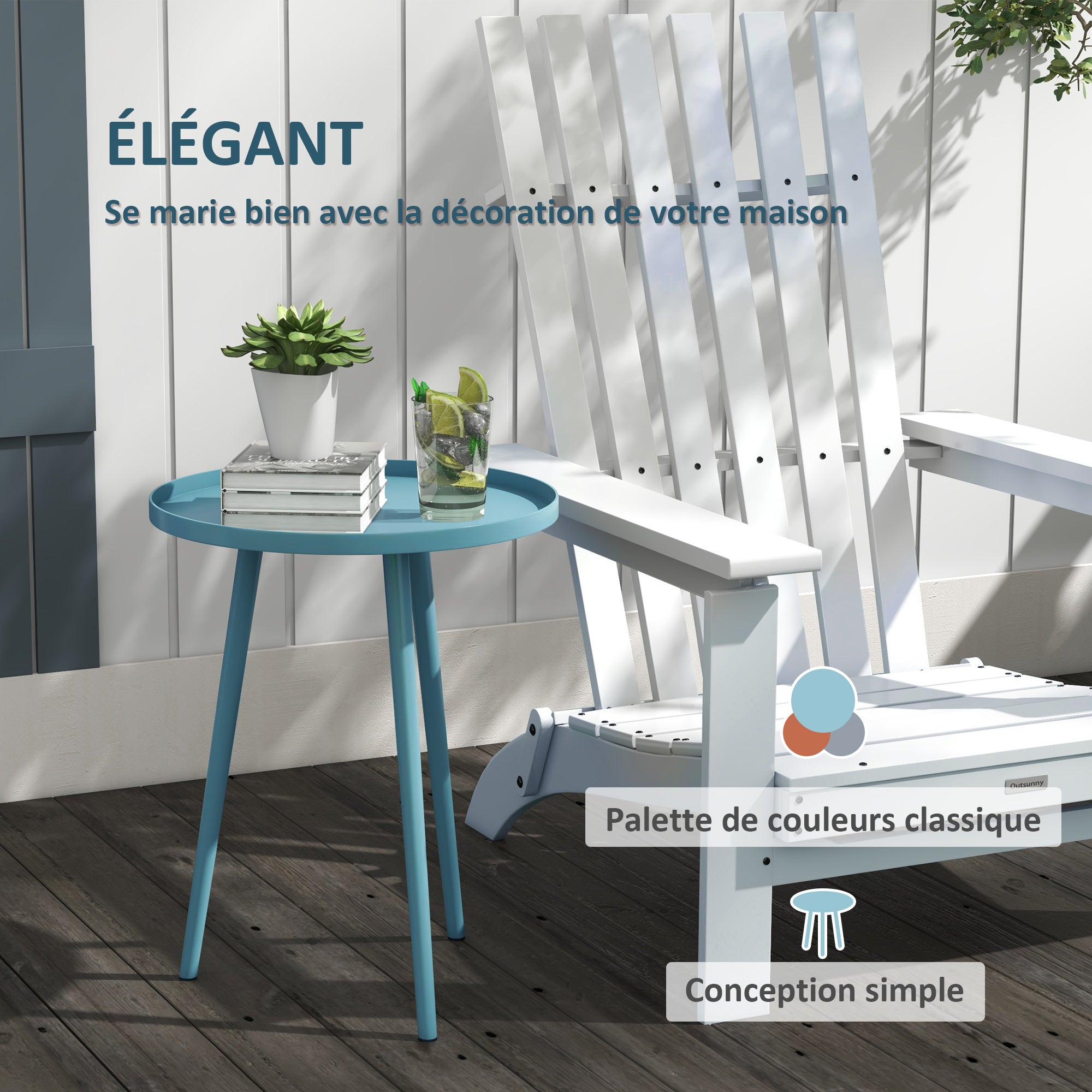Round Garden Side Table, Outdoor End Table with Rounded Steel Edge, dim. Ø40 x 50H cm blue