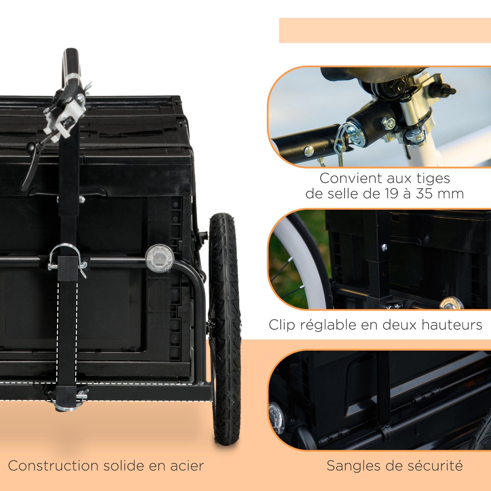 Bike Trailer with Removable and Foldable 65L Storage Box, Safety Reflectors and Tires, Max Load 40KG, Black