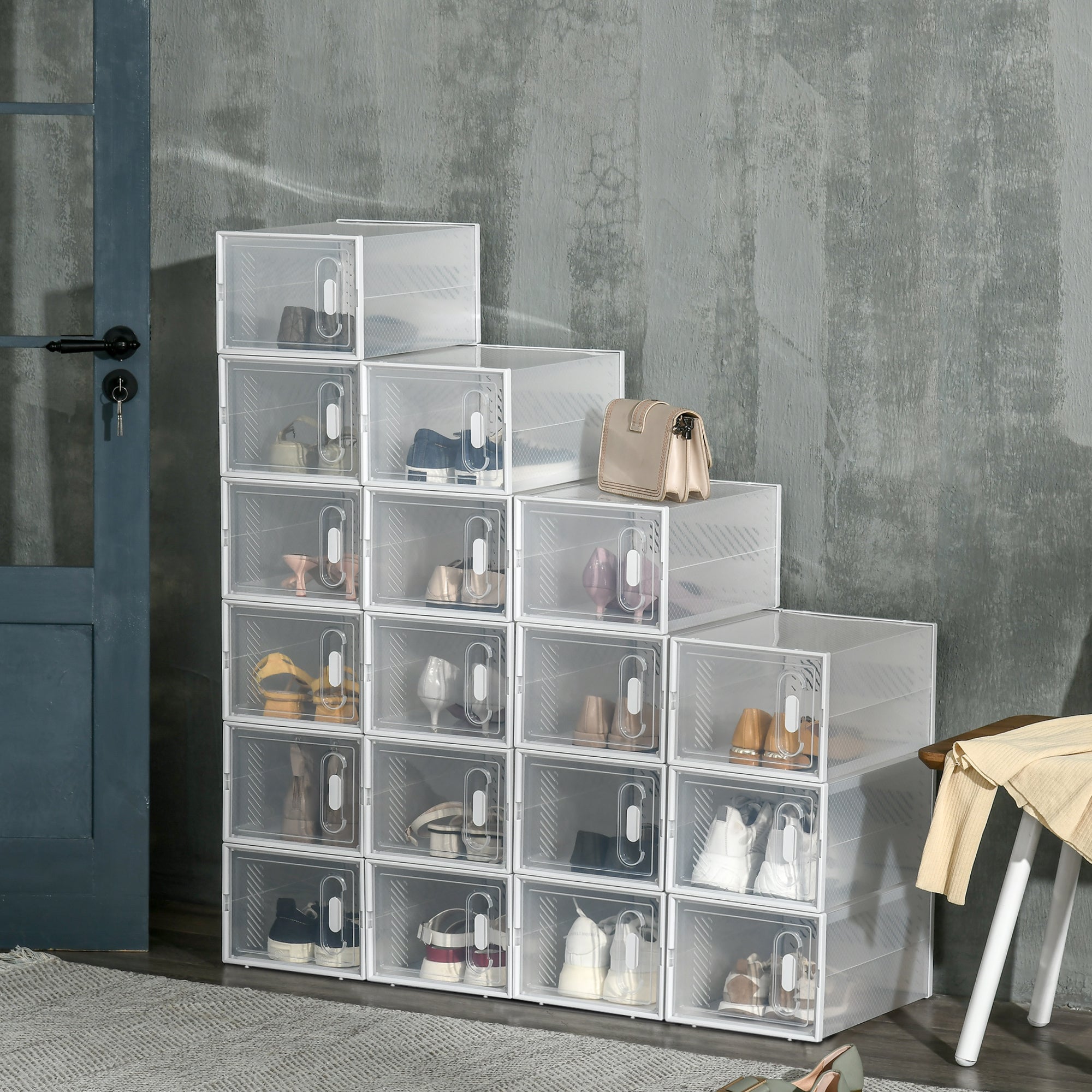 Stackable Shoe Boxes 18 Pieces Shoe Box with Ventilation Openings Shoe Storage Shoe Rack for pumps, ankle boots, up to size 43 Transparent White