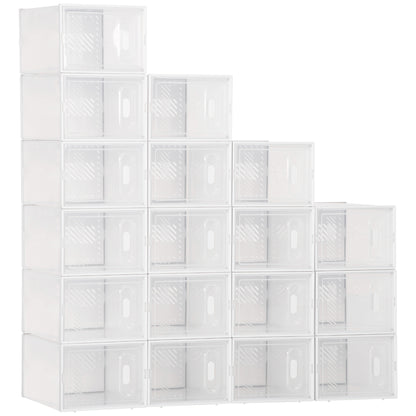 Stackable Shoe Boxes 18 Pieces Shoe Box with Ventilation Openings Shoe Storage Shoe Rack for pumps, ankle boots, up to size 43 Transparent White