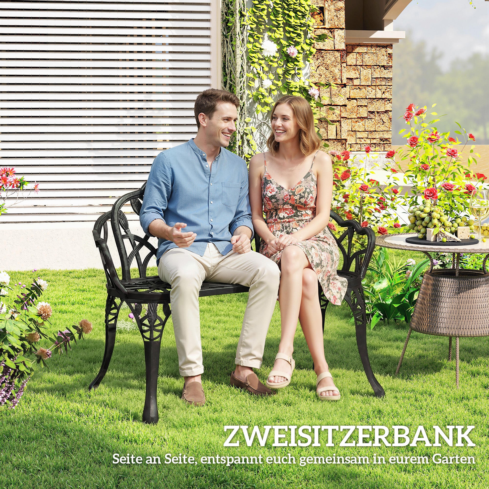 2-Seater Cast Aluminum Weatherproof Outdoor Bench with Tulip Back & Floral Motif, Perforated Balcony Bench up to 240 kg (529 lb) – 99 x 57 x 78 cm (39 x 22.4 x 30.7 in)