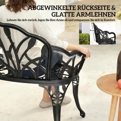 2-Seater Cast Aluminum Weatherproof Outdoor Bench with Tulip Back & Floral Motif, Perforated Balcony Bench up to 240 kg (529 lb) – 99 x 57 x 78 cm (39 x 22.4 x 30.7 in)