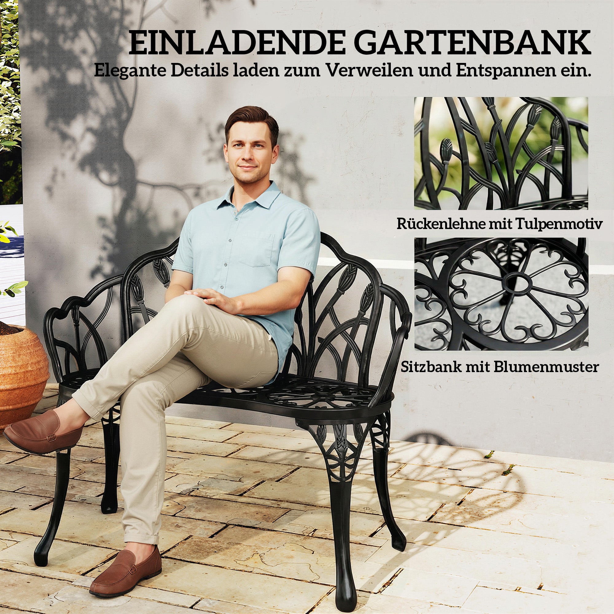 2-Seater Cast Aluminum Weatherproof Outdoor Bench with Tulip Back & Floral Motif, Perforated Balcony Bench up to 240 kg (529 lb) – 99 x 57 x 78 cm (39 x 22.4 x 30.7 in)