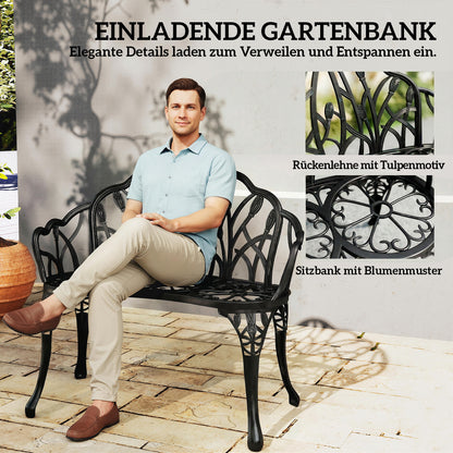 2-Seater Cast Aluminum Weatherproof Outdoor Bench with Tulip Back & Floral Motif, Perforated Balcony Bench up to 240 kg (529 lb) – 99 x 57 x 78 cm (39 x 22.4 x 30.7 in)