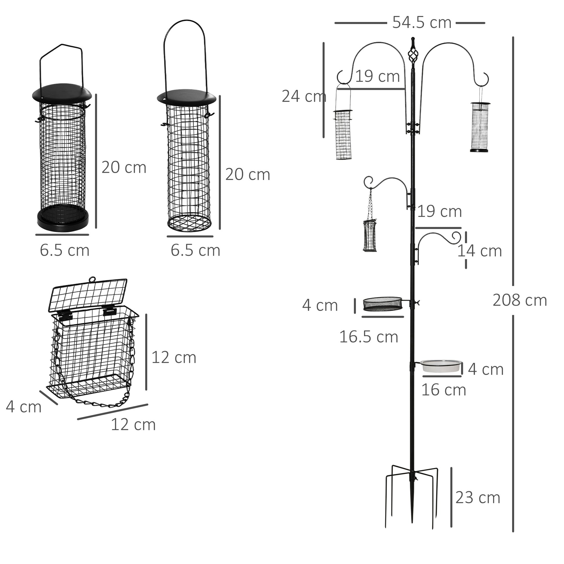 Bird Feeding Station Set made of Steel Height 208 cm including 4 Hooks Bird Bath Feeding Dish Complete Birdseed Bird Feeder Station Black