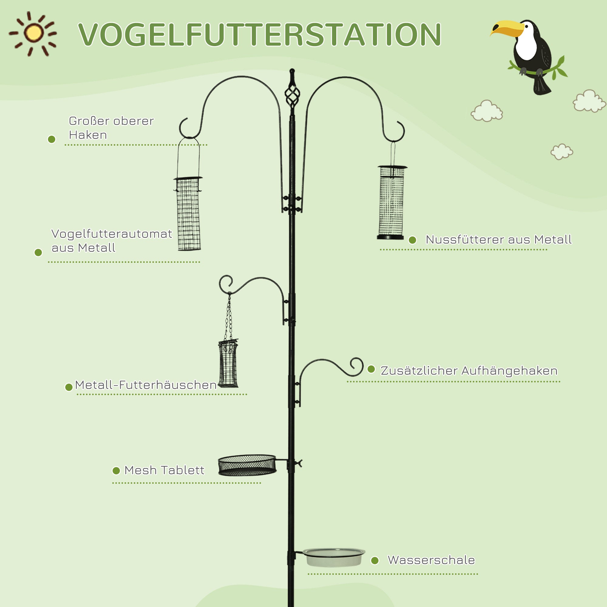Bird Feeding Station Set made of Steel Height 208 cm including 4 Hooks Bird Bath Feeding Dish Complete Birdseed Bird Feeder Station Black