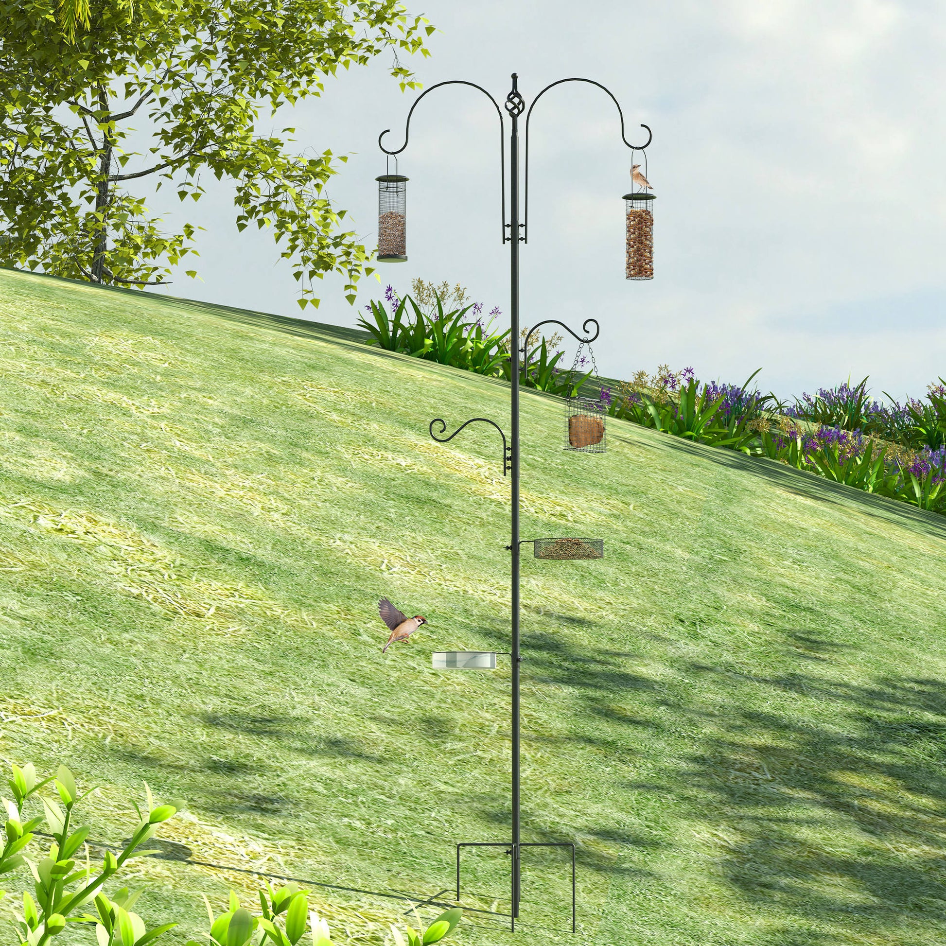 Bird Feeding Station Set made of Steel Height 208 cm including 4 Hooks Bird Bath Feeding Dish Complete Birdseed Bird Feeder Station Black