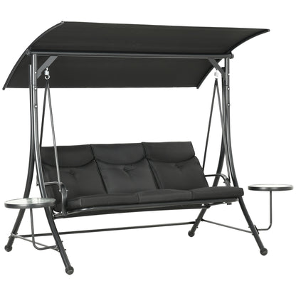 Hollywood Swing with Coffee Tables, 3-Seater Garden Swing with Adjustable Canopy, Swing Bench Holds Up to 300kg, for Garden, Patio, 278 x 135 x 177 cm, Black