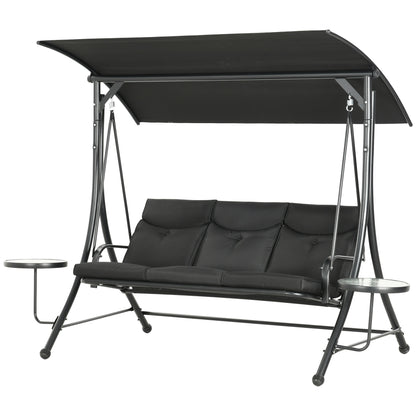 Hollywood Swing with Coffee Tables, 3-Seater Garden Swing with Adjustable Canopy, Swing Bench Holds Up to 300kg, for Garden, Patio, 278 x 135 x 177 cm, Black
