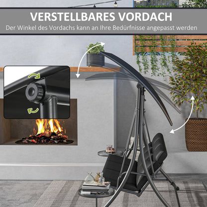 Hollywood Swing with Coffee Tables, 3-Seater Garden Swing with Adjustable Canopy, Swing Bench Holds Up to 300kg, for Garden, Patio, 278 x 135 x 177 cm, Black