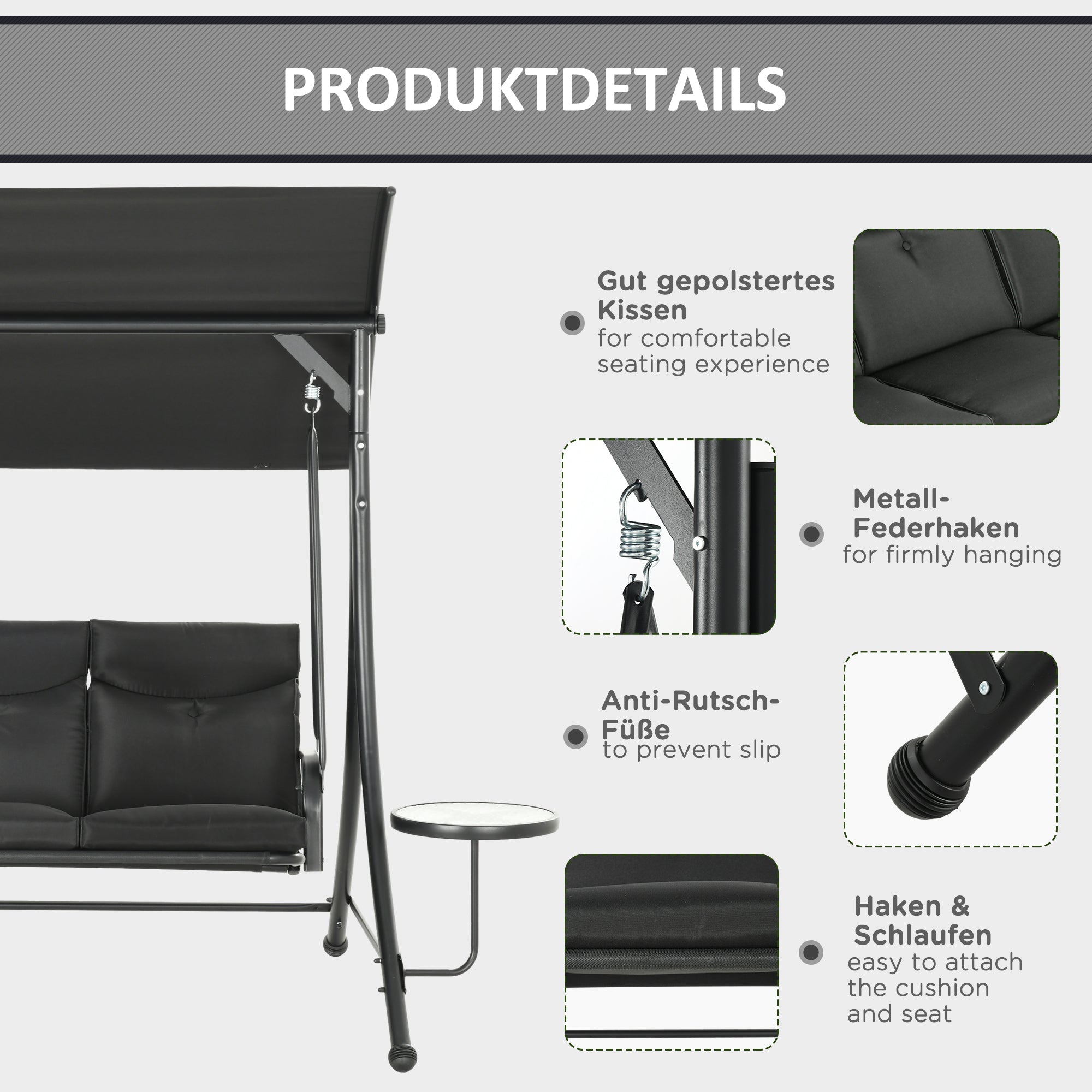 Hollywood Swing with Coffee Tables, 3-Seater Garden Swing with Adjustable Canopy, Swing Bench Holds Up to 300kg, for Garden, Patio, 278 x 135 x 177 cm, Black