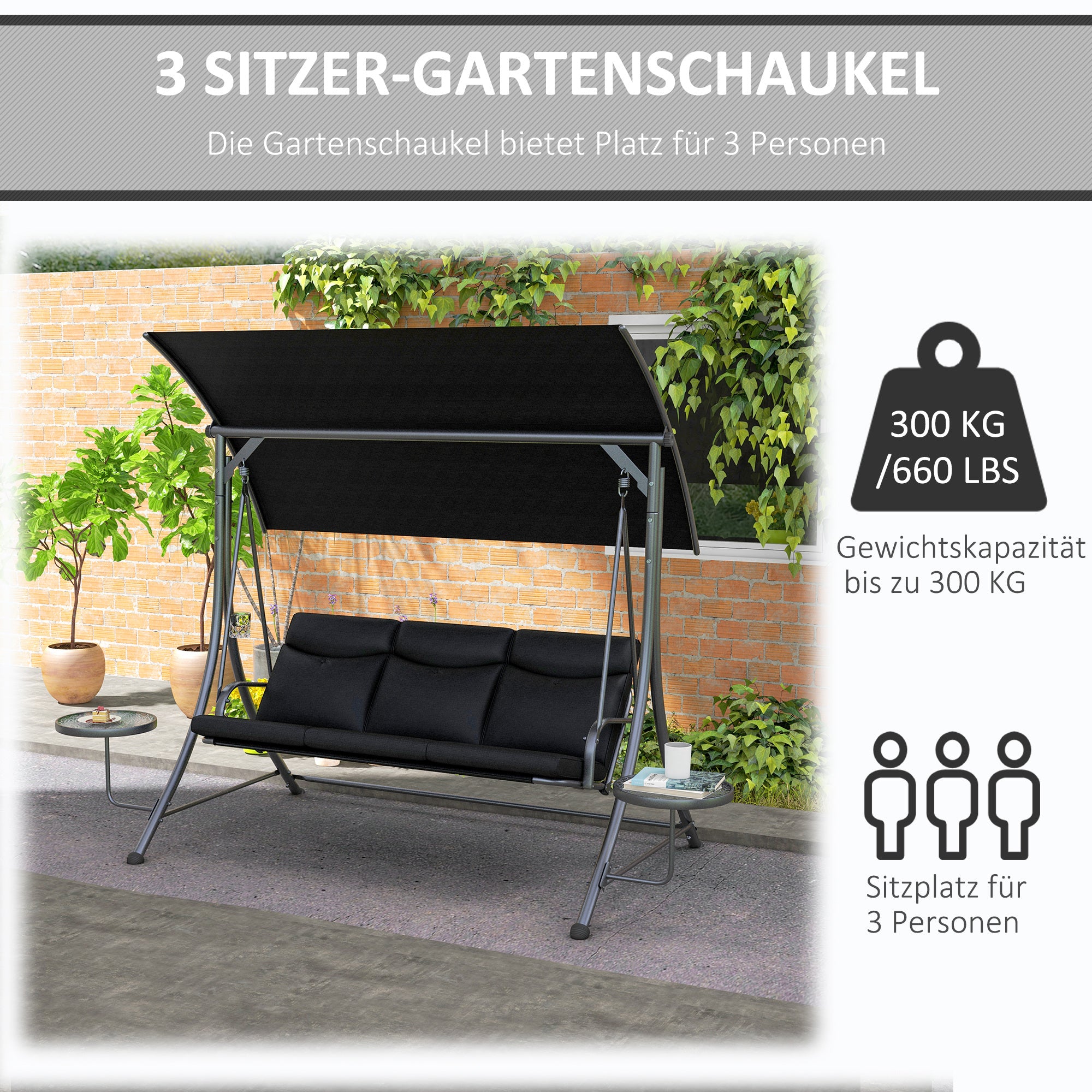 Hollywood Swing with Coffee Tables, 3-Seater Garden Swing with Adjustable Canopy, Swing Bench Holds Up to 300kg, for Garden, Patio, 278 x 135 x 177 cm, Black