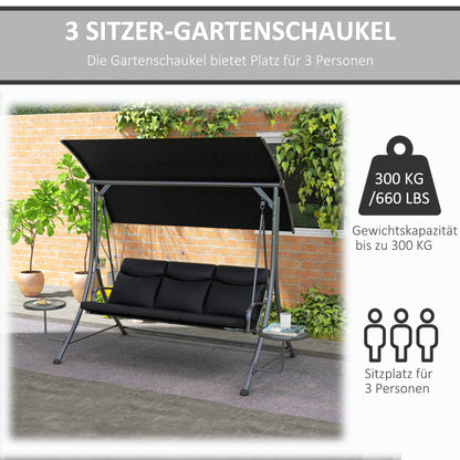 Hollywood Swing with Coffee Tables, 3-Seater Garden Swing with Adjustable Canopy, Swing Bench Holds Up to 300kg, for Garden, Patio, 278 x 135 x 177 cm, Black