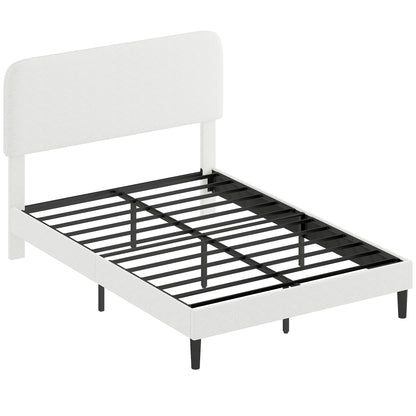 Upholstered Platform Bed 140 x 200 cm (55 x 79 in) with Adjustable Padded Teddy-Fleece Headboard — Metal Frame, White