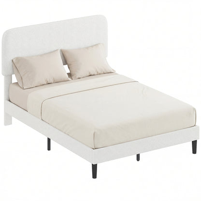 Upholstered Platform Bed 140 x 200 cm (55 x 79 in) with Adjustable Padded Teddy-Fleece Headboard — Metal Frame, White