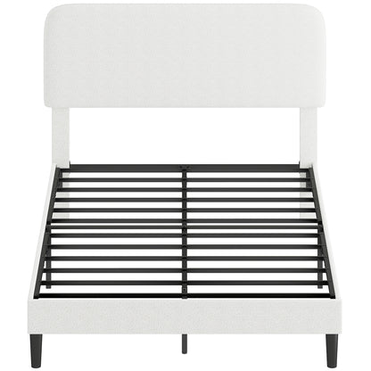 Upholstered Platform Bed 140 x 200 cm (55 x 79 in) with Adjustable Padded Teddy-Fleece Headboard — Metal Frame, White