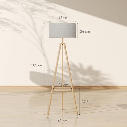 Tripod Floor Lamp with Shelf Living Room Floor Lamp with Linen Screen Foot Switch for Living Room Office Bedroom Gray and Natural
