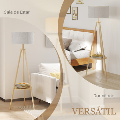 Tripod Floor Lamp with Shelf Living Room Floor Lamp with Linen Screen Foot Switch for Living Room Office Bedroom Gray and Natural